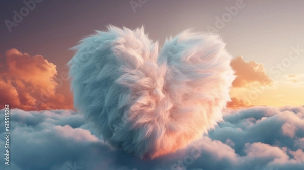 Fototapeta Soft white heart floating in the sky among clouds. Generative Ai.