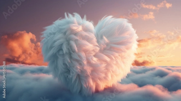 Fototapeta Soft white heart floating in the sky among clouds. Generative Ai.