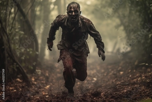 Fototapeta Scary Dead Zombie Running Toward the Camera Outdoors generative AI