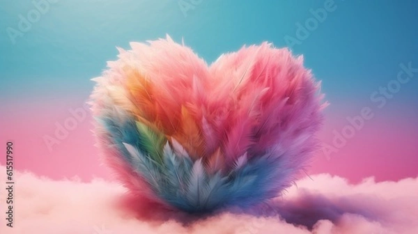 Fototapeta Big heart made with colored feathers of rainbow colors. Generative Ai.