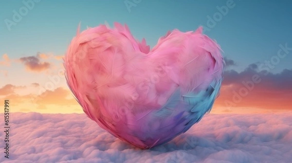 Fototapeta Big heart made with colored feathers of rainbow colors. Generative Ai.