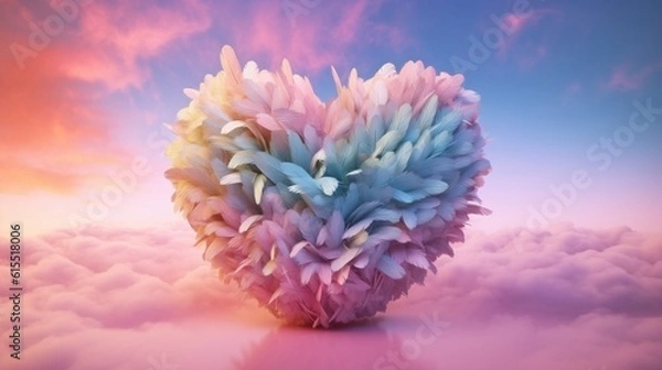 Fototapeta Big heart made with colored feathers of rainbow colors. Generative Ai.