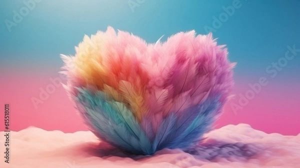 Fototapeta Big heart made with colored feathers of rainbow colors. Generative Ai.