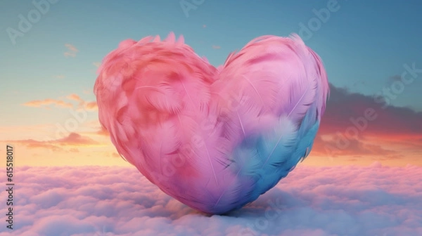 Fototapeta Big heart made with colored feathers of rainbow colors. Generative Ai.
