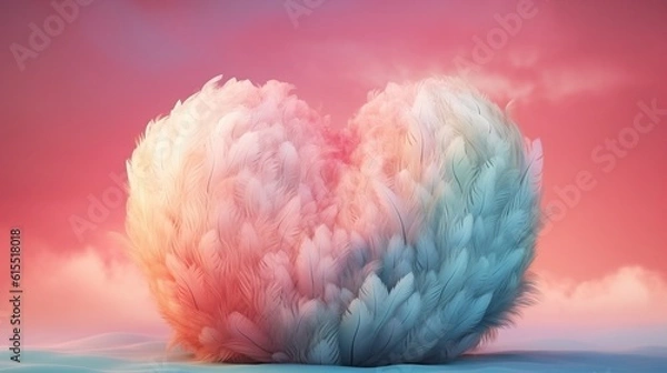 Fototapeta Big heart made with colored feathers of rainbow colors. Generative Ai.