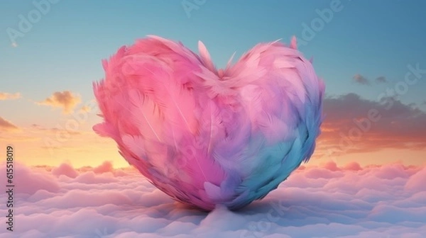 Fototapeta Big heart made with colored feathers of rainbow colors. Generative Ai.