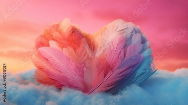 Fototapeta Big heart made with colored feathers of rainbow colors. Generative Ai.