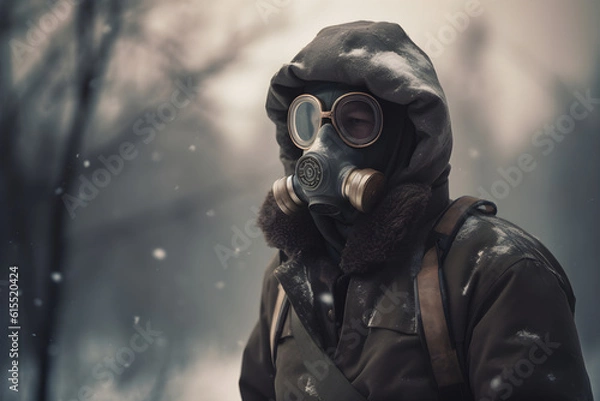 Fototapeta Generative ai nuclear winter and atomic explosion consequences. Man in gas mask
