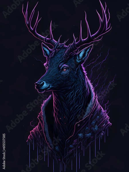 Fototapeta Scenic portrait of a deer in colored ink on a black background