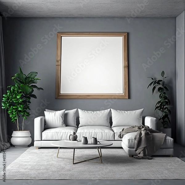 Fototapeta Modern Living Room Mockup with White Furniture and Blank Picture Frame