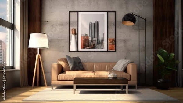 Fototapeta Mockup poster frame in modern interior. 3D Render. Generated with AI technology.