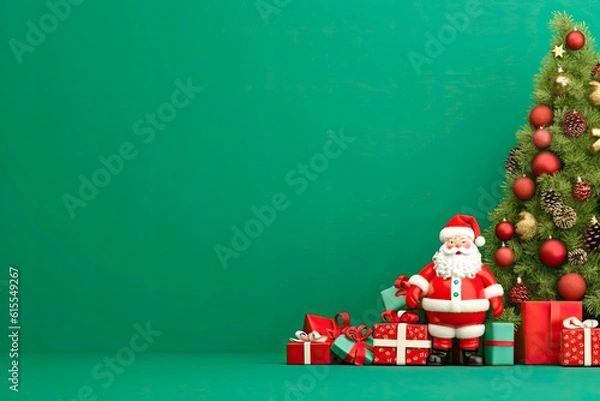 Fototapeta Green Christmas background with Christmas balls, fir tree and Santa Claus. X-Mas concept banner with negative space.
