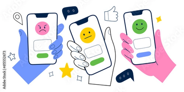 Fototapeta People leave positive and negative feedback, hands holding smartphone with rating scale on screen, customers leave opinions, good, bad and excellent rate, thumbs up and down, close up vector