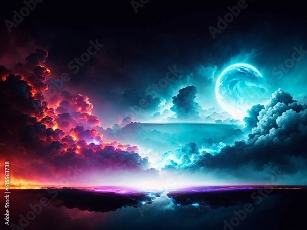 Fototapeta Photo of a colorful painting capturing the ethereal beauty of planets and clouds in the sky
