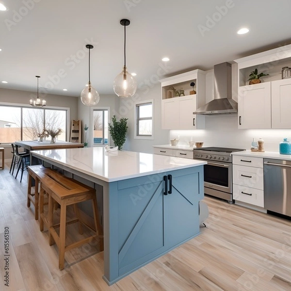 Fototapeta light farmhouse styled kitchen with white counters and painted island. - Generative AI