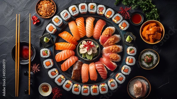 Fototapeta Beautiful Sushi Platter Flat Lay on Black Marble/Stone Background with Fresh Fish, Rice, and Seaweed - Studio Lighting Effect - Asian Cuisine Food Photography - Generative AI