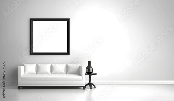Obraz Creative interior concept. Large empty grunge concrete wall living room with blank frame sofa couch. Banner template for product presentation. Mock up, living home