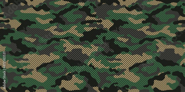 Obraz Camouflage texture seamless pattern with grid. Green camouflage pattern for clothing design. Trendy camouflage military pattern.	