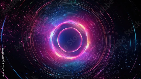 Fototapeta Abstract cosmic background with galaxy and stars. Round vortex. Pink blue neon lines spinning around the black hole.