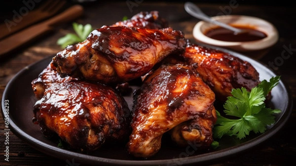Obraz A plate of juicy grilled chicken drumsticks, marinated in a spicy barbecue sauce