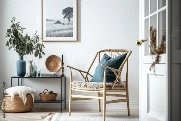 Obraz cozy living room with minimalist furniture and a touch of nature. Generative AI