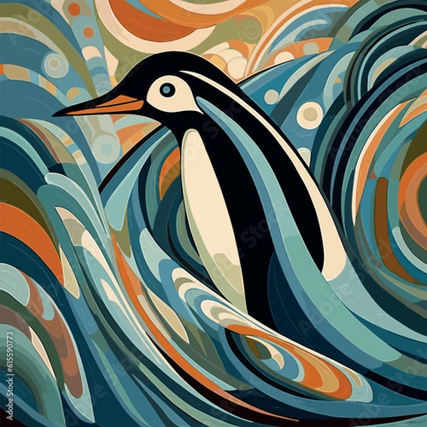 Fototapeta  Unique hand-painted Art Deco poster capturing the grace of a Penguin on the polar ice cap