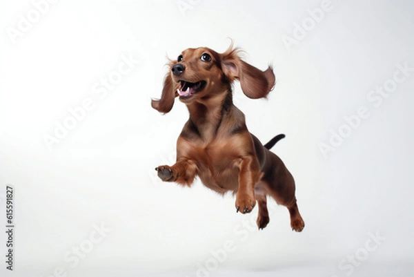 Obraz Happy Dachshund dog jumping on white background. Generative AI