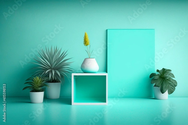 Obraz interior design, interior of a room, modern interior, advertising template, mock-up in pastel blue tones with space for copy, image created with ia	
