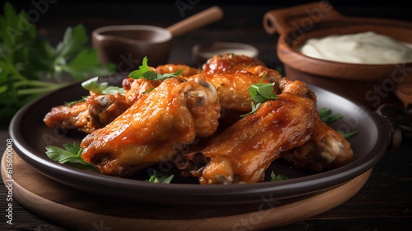 Fototapeta A plate of savory chicken wings, perfectly seasoned and served with a creamy dipping sauce