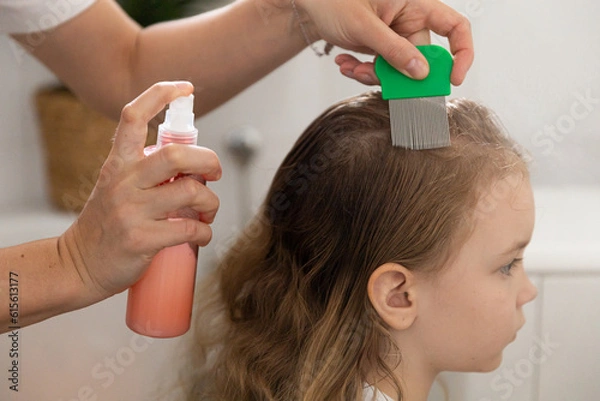 Fototapeta A woman helps to get rid of lice and parasites on the head of a little girl, combs her head with a special comb and and shampoo. Treatment of lice and nits