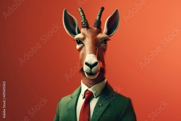 Fototapeta Anthropomorphic antelope dressed in a suit like a businessman. Business Concept. AI generated, human enhanced