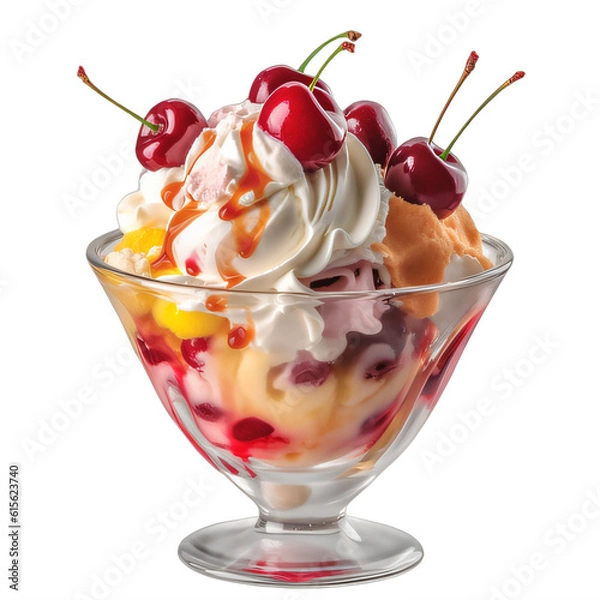 Fototapeta An ice cream sundae with cherries and whipped cream  on a transparent background png isolated Generative Ai