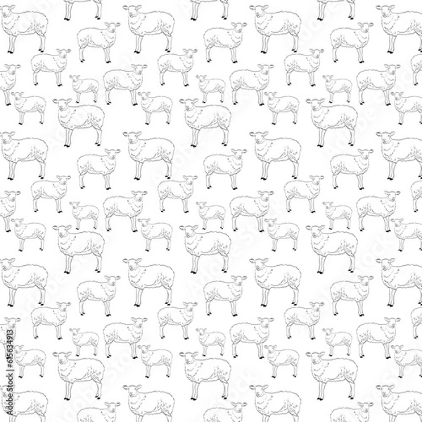 Obraz Seamless pattern of sheep drawing with simple lines, black and white background vector, sheep pattern, vector illustration of cute sheep, cartoon style.