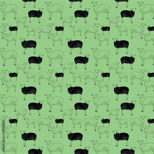 Fototapeta Seamless pattern of sheep drawing with simple lines, green background vector, sheep pattern, vector illustration of cute sheep, cartoon style.