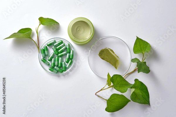 Fototapeta Background for advertising cosmetic with fish mint extract - fresh fish mint leaves, green jar and cosmetic texture on transparent podium are decorated. Top view, flat lay and copy space