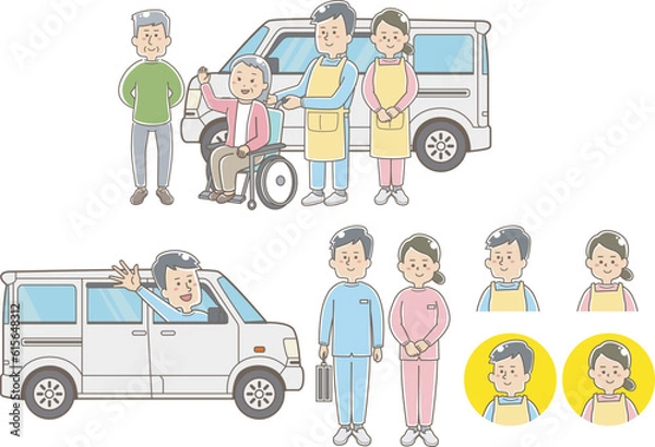 Fototapeta 男女の訪問介護ヘルパー　高齢者　車　全身　半身　セット