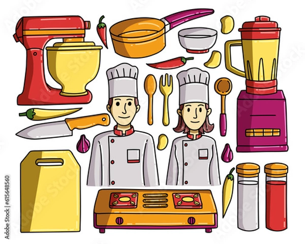 Fototapeta Doodle illustration designs with the theme of the chef profession can be used for merchandise such as t-shirts, clothes, mugs, etc.