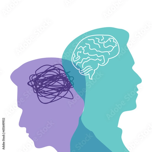 Obraz The concept of bipolar mental disorder. Split personality. Mood disorder. Two similar male faces. Psychology. mental health. Tangled capes and mental health. Modern vector isolated on white