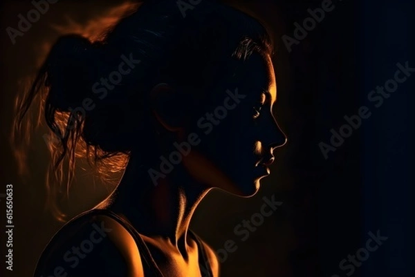 Fototapeta silhouette of a women in depress with dark gloomy light. Content created with generative AI software