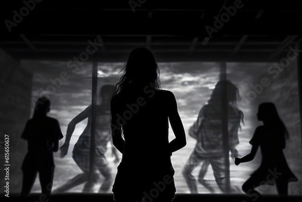 Fototapeta silhouette of a women in depress with dark gloomy light. Content created with generative AI software