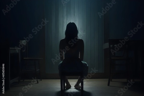 Fototapeta silhouette of a women in depress with dark gloomy light. Content created with generative AI software