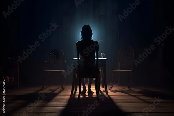 Fototapeta silhouette of a women in depress with dark gloomy light. Content created with generative AI software