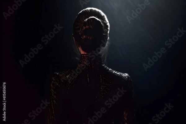 Fototapeta silhouette of a women in depress with dark gloomy light. Content created with generative AI software