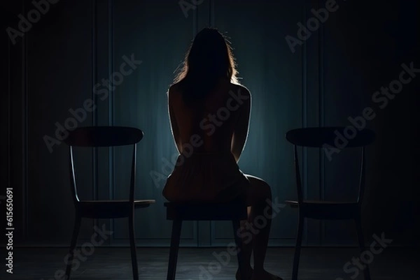 Fototapeta silhouette of a women in depress with dark gloomy light. Content created with generative AI software