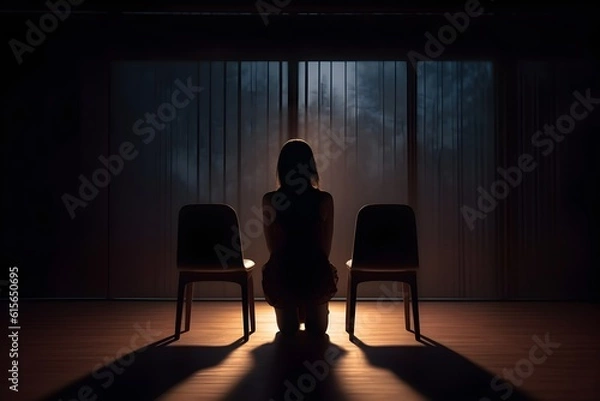 Fototapeta silhouette of a women in depress with dark gloomy light. Content created with generative AI software