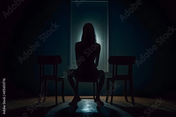 Fototapeta silhouette of a women in depress with dark gloomy light. Content created with generative AI software