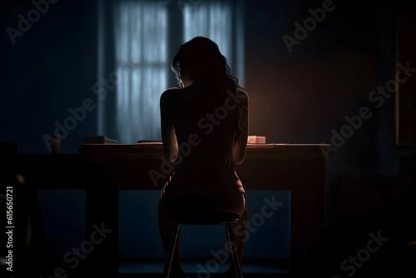 Fototapeta silhouette of a women in depress with dark gloomy light. Content created with generative AI software