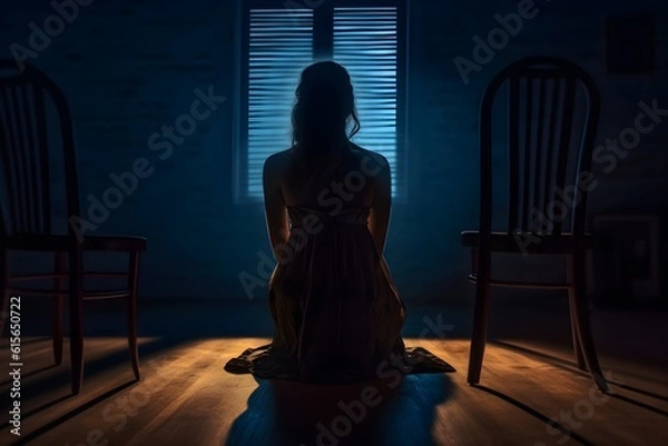 Fototapeta silhouette of a women in depress with dark gloomy light. Content created with generative AI software