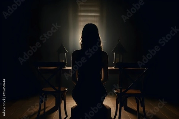 Fototapeta silhouette of a women in depress with dark gloomy light. Content created with generative AI software