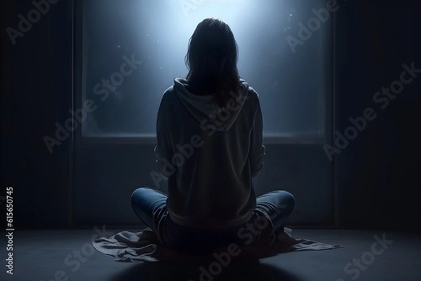 Fototapeta silhouette of a women in depress with dark gloomy light. Content created with generative AI software